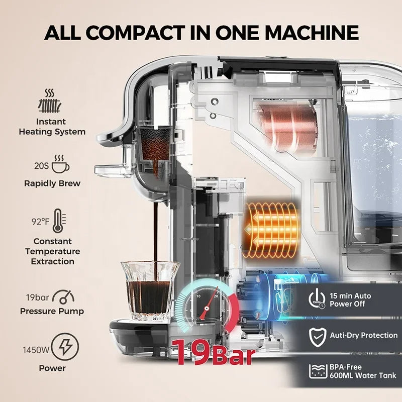 MK-603 Smart Capsule Coffee Machine, High Quality 4 in1 Automatic 5-10 Cup 19Bar Electric 600ml/20.29oz Water Tank, Italian Pump