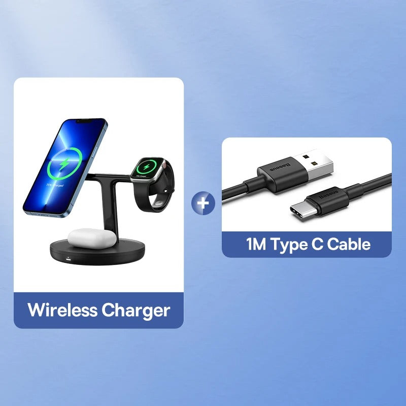 Baseus 3 in 1 20W Magnetic Wireless Charger Stand For Phone iPhone 15 14 Pro Airpods Apple Watch Fast Charging Station Holder